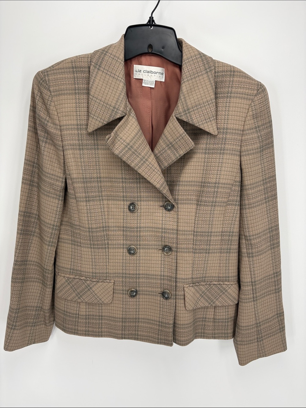 🍩 Liz Claiborne wool Beige Plaid Double-Breasted Blazer
